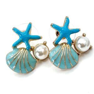 Ocean Blue Starfish Shell 'Pearl' Sea Life Beachy Vibes Stud Earrings New